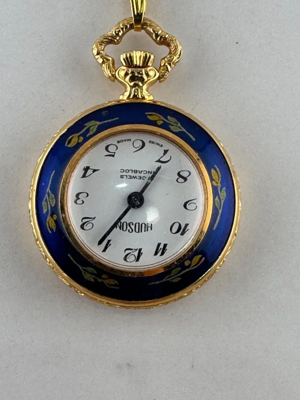 Vintage Hudson Gold Plated Pendant Watch with Blue Guilloche & Red Flower Motifs